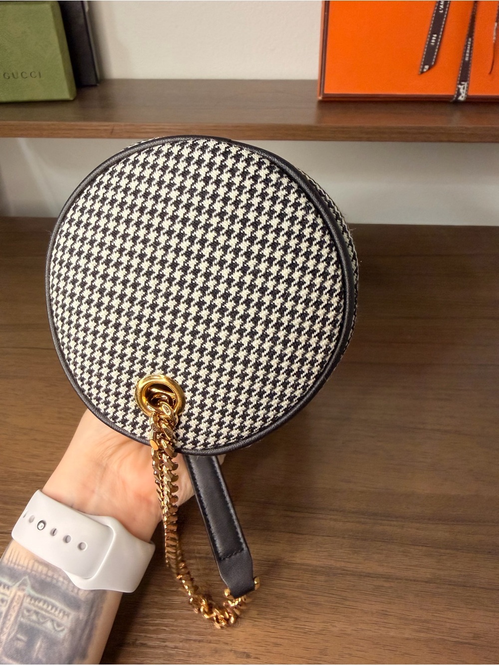 Versace Black & White Houndstooth Quilted Cylinder La Medusa Wool Shoulder Bag - Picture 7 of 12